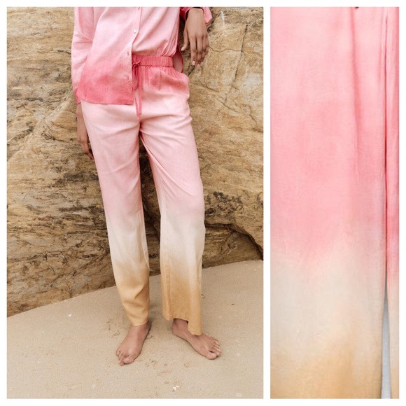 NWT. Zara Pink/Cream Linen Blend Tie-Dye Wide Leg Trousers. Size S. - Picture 1 of 8
